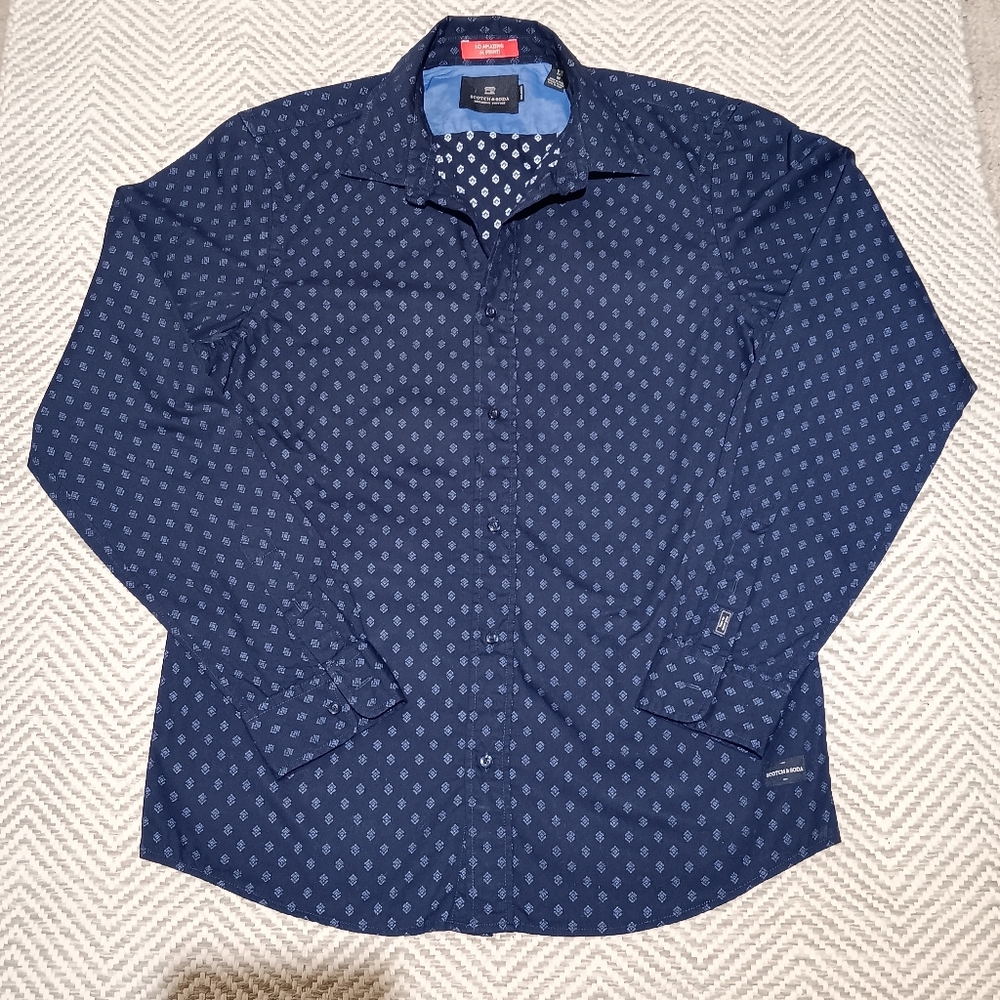 SCOTCH & SODA Blue Printed Geometric Relaxed Fit Button Up Long Sleeve Mens SZ M